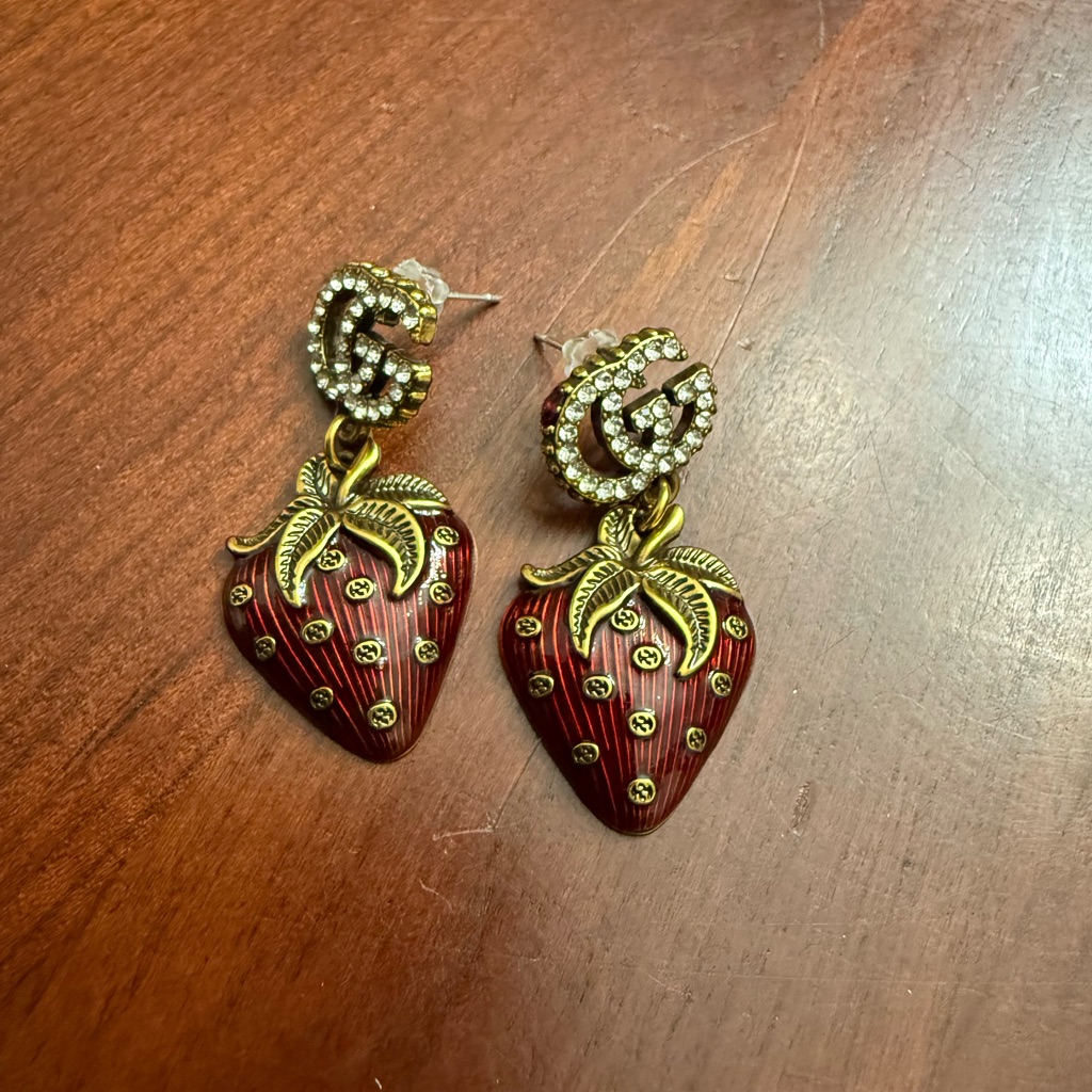 Brand New Gucci Gold And Red Strawberry Earrings